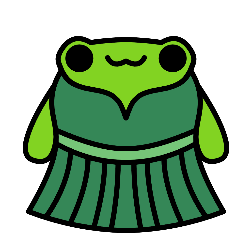 A round cartoon frog in a dress